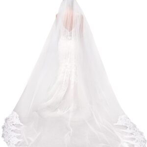 Lace Edge Cathedral Long Length Wedding Bridal Veil with Comb,White