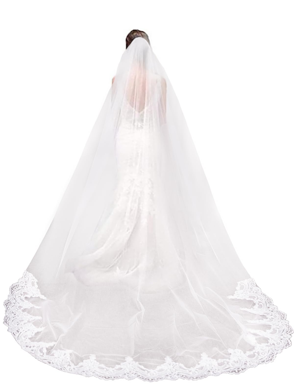 Lace Edge Cathedral Long Length Wedding Bridal Veil with Comb,White