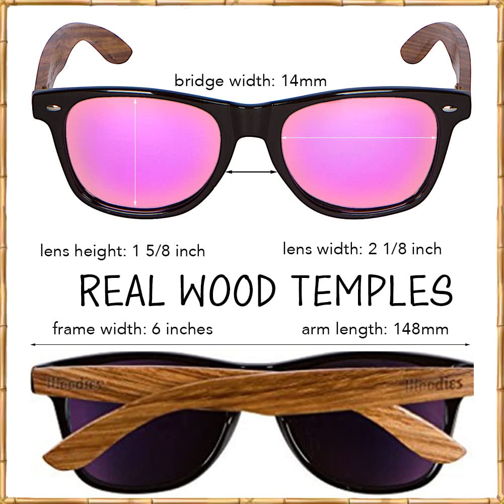 Woodies Zebra Wood Sunglasses with Pink Mirrored Polarized Lens and Real Wooden Frame for Men and Women | 100% UVA/UVB Protection