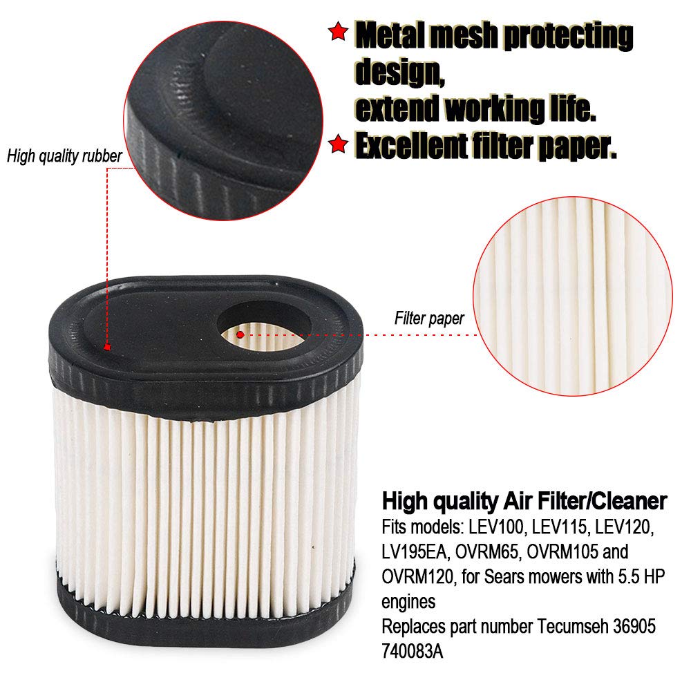 HIFROM (2 Set Air Filter with Spark Plug Compatible with Tecumseh LEV100 LEV115 LEV120 OVRM65 with 5.5 HP Engines 36905 740083A