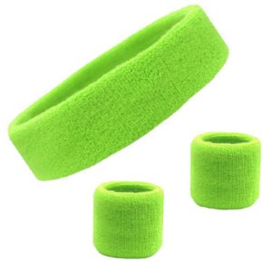 sweatband set cotton sports headband terry cloth wristband moisture wicking sweat absorbing head band athletic exercise basketball wrist sweatbands and headbands by kenz laurenz (neon green)