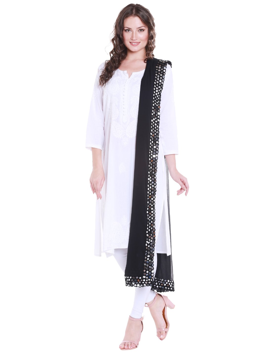 DUPATTA BAZAAR Women's Black Chiffon Dupatta with Mirror work lace.