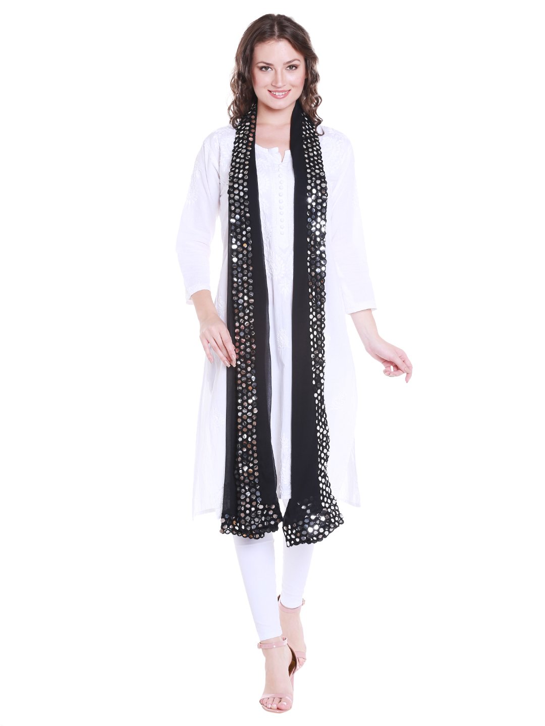 DUPATTA BAZAAR Women's Black Chiffon Dupatta with Mirror work lace.