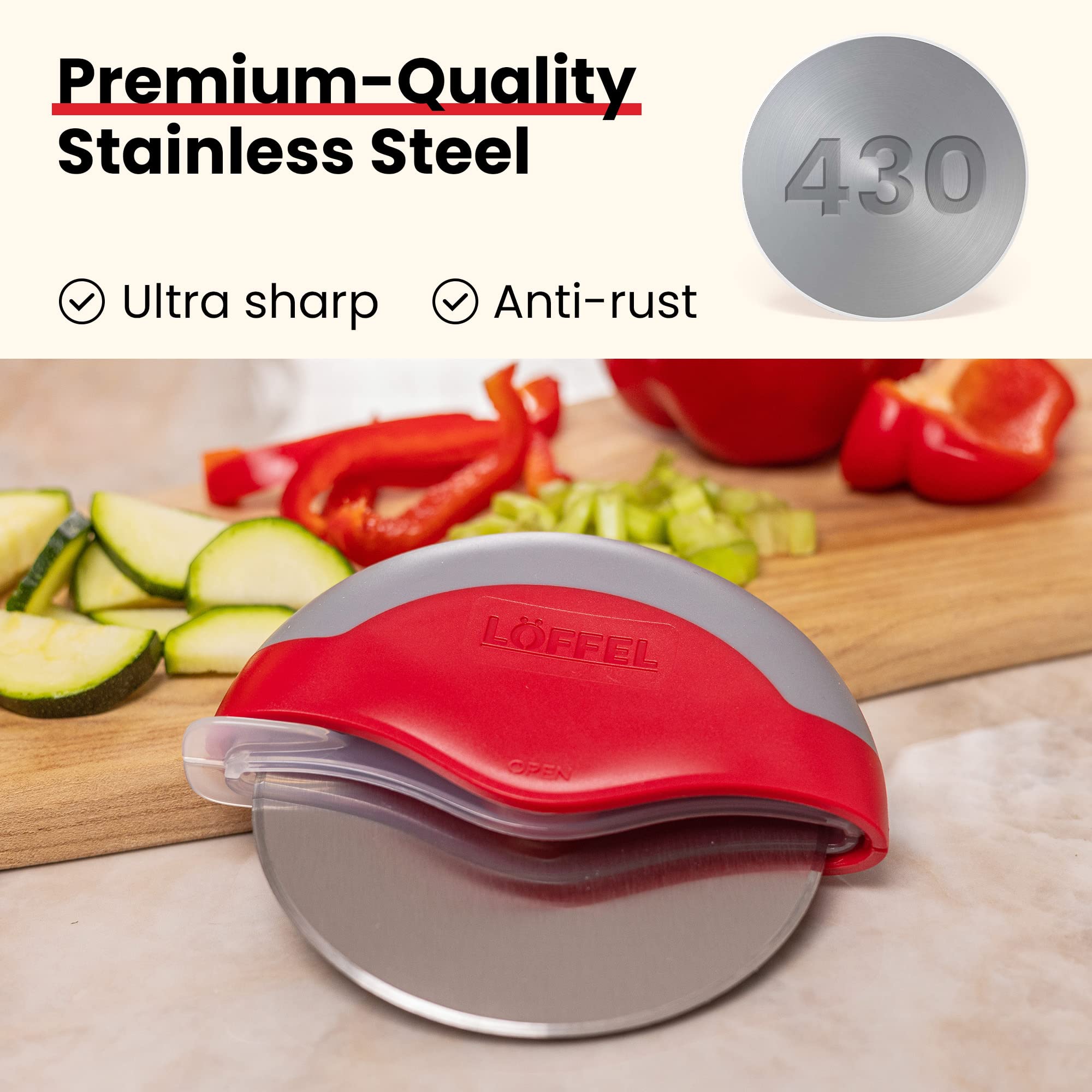 LÖFFEL Premium Pizza Cutter Wheel - Pizza Slicer with Protective Blade Guard - Razor Sharp Stainless Steel - Easy to Clean & Detachable Slicer - Round Pizza Cutter With Cover & Slip Resistant Handle