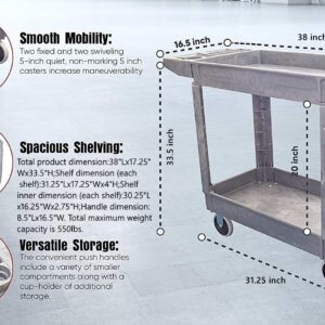 550lb Capacity Heavy Duty Plastic Utility Cart 40" L x 17-1/4" W with Handle 2 Shelves Pake Handling Tools