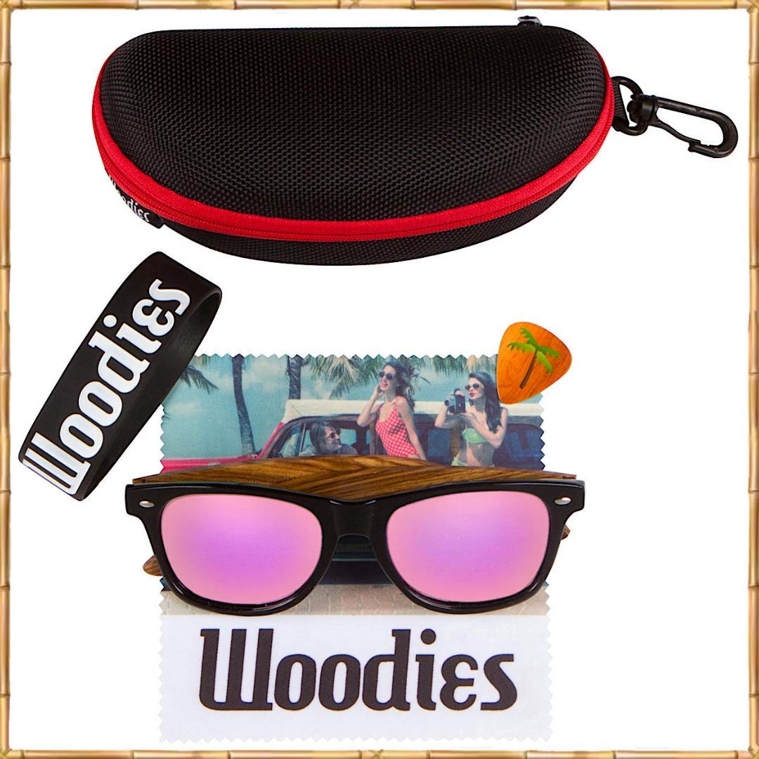 Woodies Zebra Wood Sunglasses with Pink Mirrored Polarized Lens and Real Wooden Frame for Men and Women | 100% UVA/UVB Protection