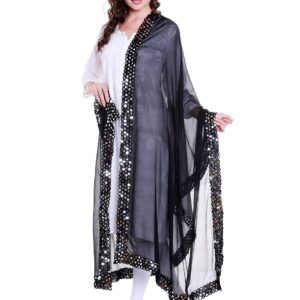 DUPATTA BAZAAR Women's Black Chiffon Dupatta with Mirror work lace.