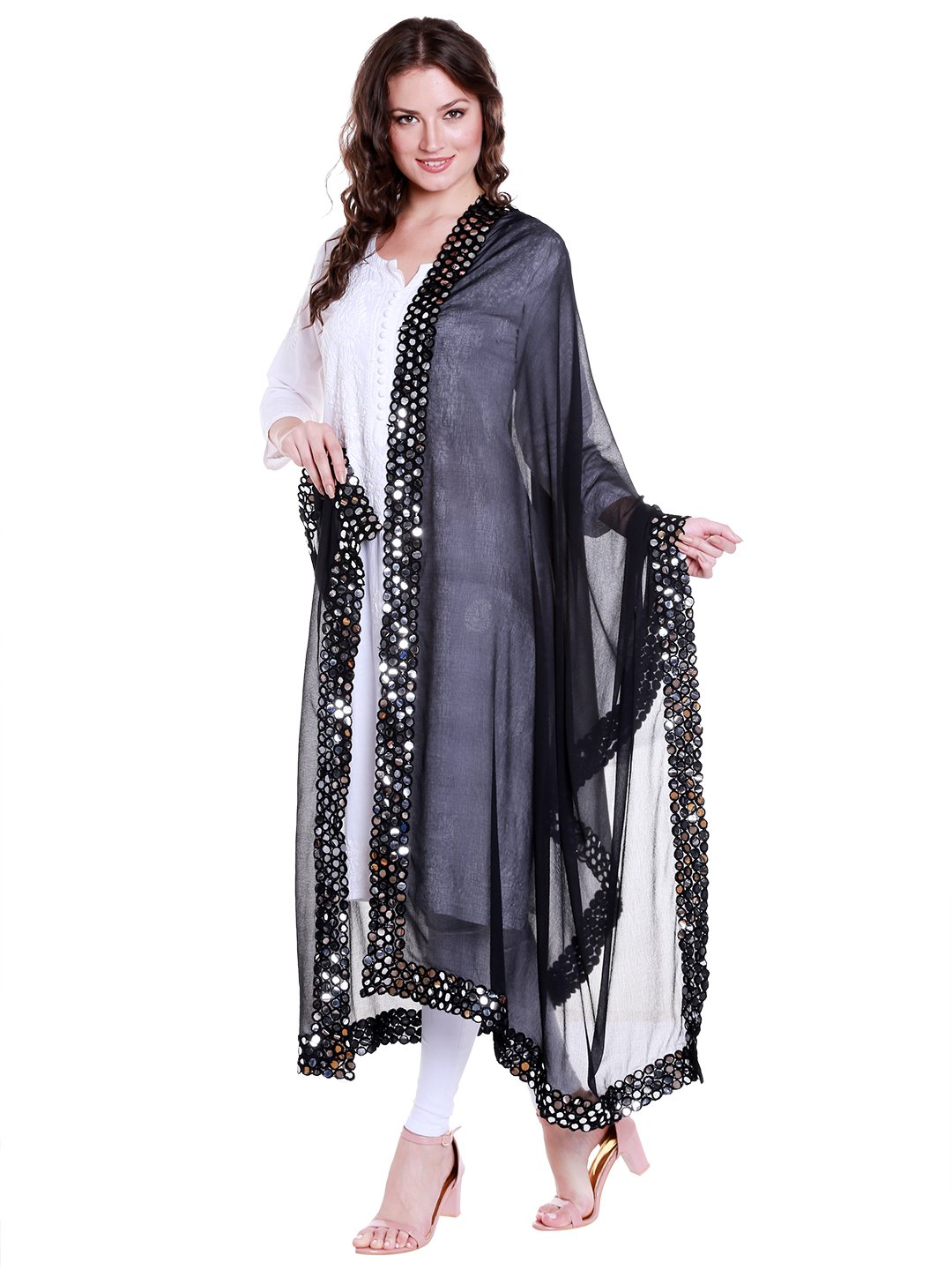 DUPATTA BAZAAR Women's Black Chiffon Dupatta with Mirror work lace.