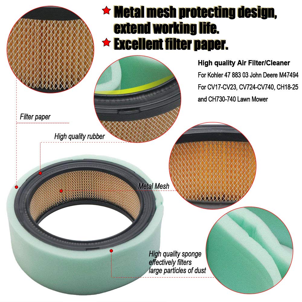 HIFROM Air Filter Compatible with Kohler 47 883 03 John Deere M47494 with Fuel Filter Replace Kohler 25 050 22-S John Deere AM116304 Spark Plug