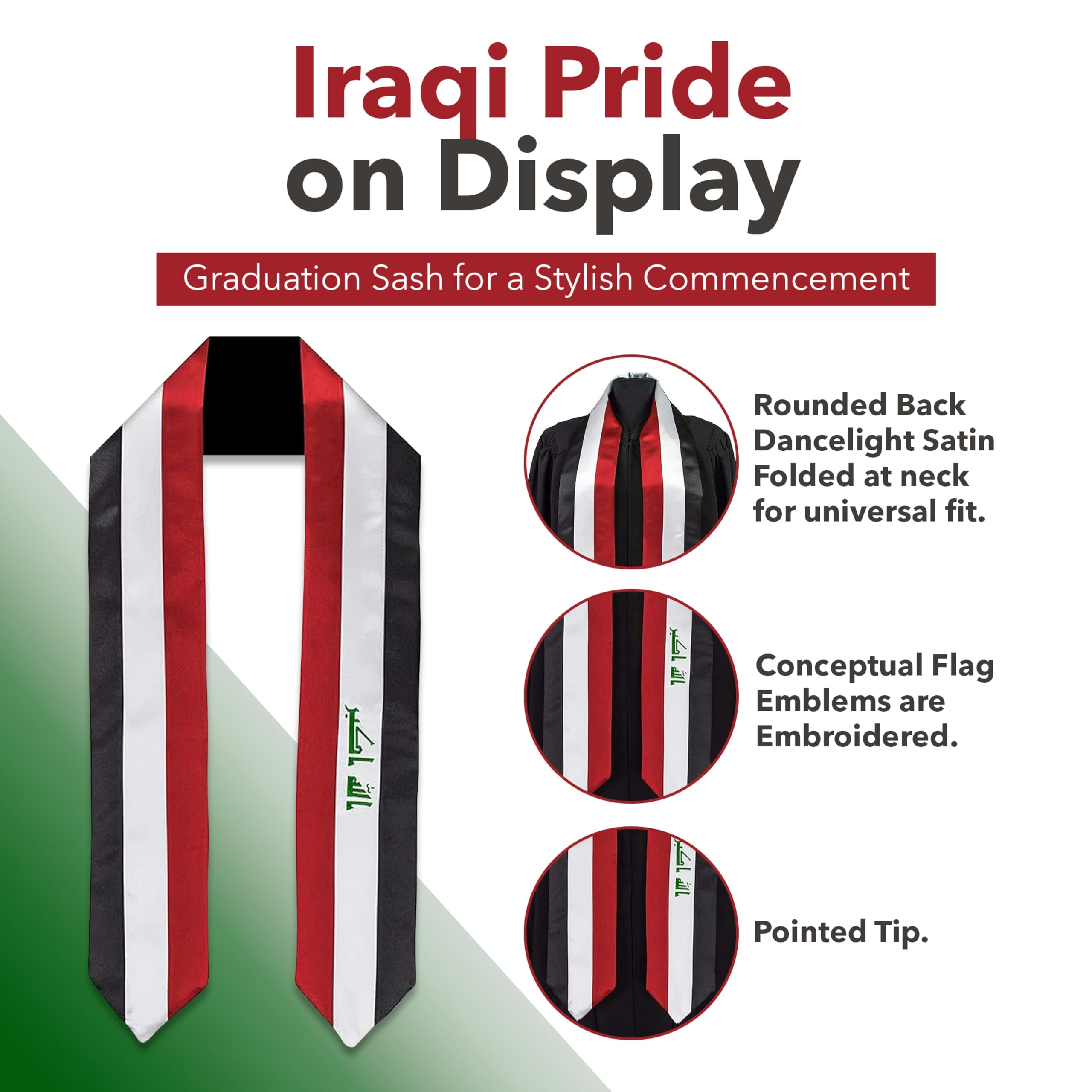 Vision Wear - Iraq Flag Graduation Sash/Stole - Luxurious Cultural Symbol - Embrace Your Heritage - Pride & Honor Sash