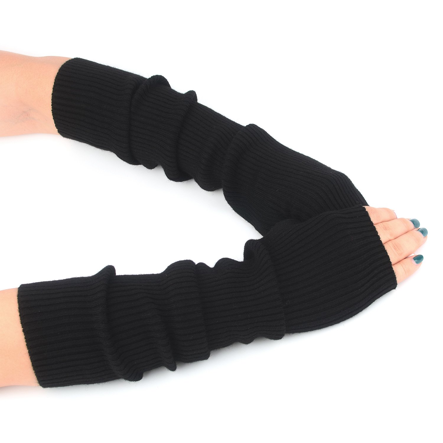 F Flammi Cashmere Blended Arm Warmer Winter Fingerless Gloves Knit Mitten Gloves Wrist Warmer with Thumb Hole for Women