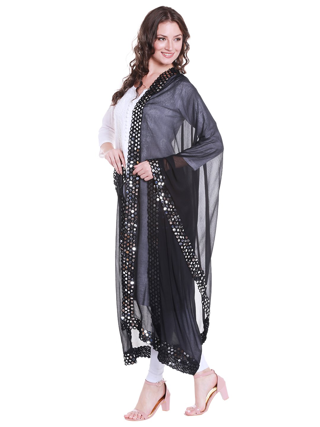 DUPATTA BAZAAR Women's Black Chiffon Dupatta with Mirror work lace.