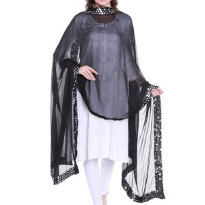 DUPATTA BAZAAR Women's Black Chiffon Dupatta with Mirror work lace.