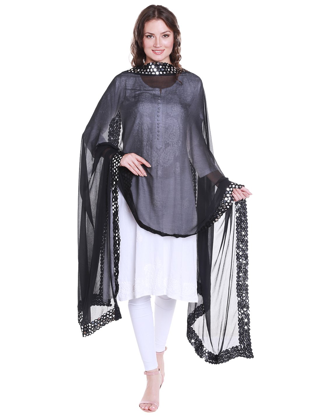 DUPATTA BAZAAR Women's Black Chiffon Dupatta with Mirror work lace.