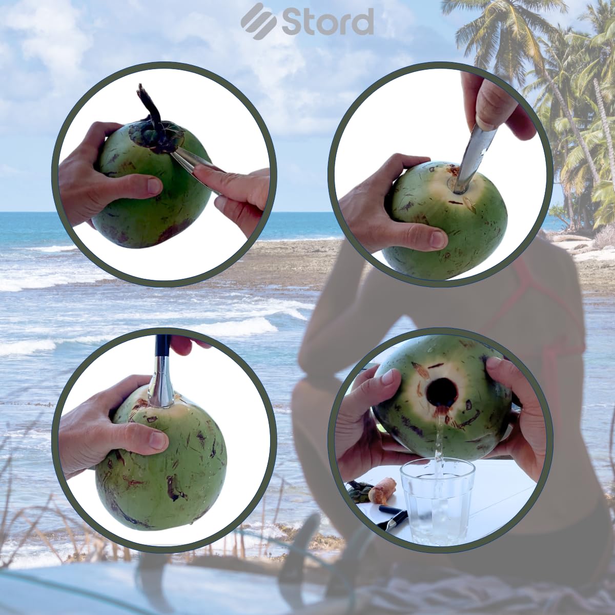 S STORD Coconut Opener for Fresh Green Young Coconut Water - Works With Peeled Thai Young White Coconuts - Open in Seconds Super Safe Easy and Fast