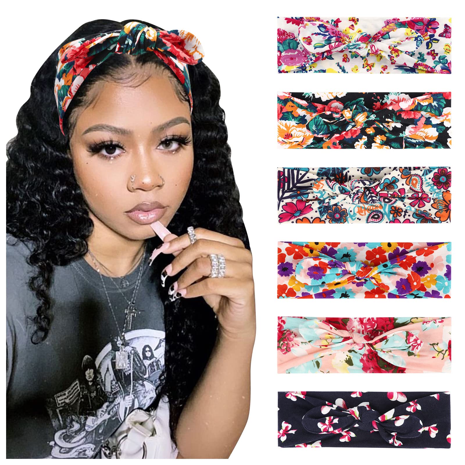 DRESHOW Boho Bow Headbands for Women Vintage Flower Printed Yoga Hairband Elastic Rabbit ear Head Wrap 6 Pack