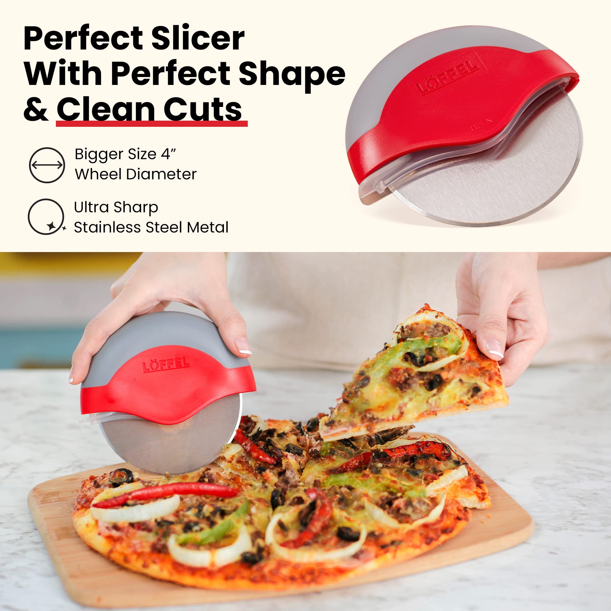 LÖFFEL Premium Pizza Cutter Wheel - Pizza Slicer with Protective Blade Guard - Razor Sharp Stainless Steel - Easy to Clean & Detachable Slicer - Round Pizza Cutter With Cover & Slip Resistant Handle