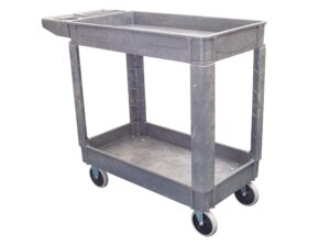 550lb capacity heavy duty plastic utility cart 40" l x 17-1/4" w with handle 2 shelves pake handling tools