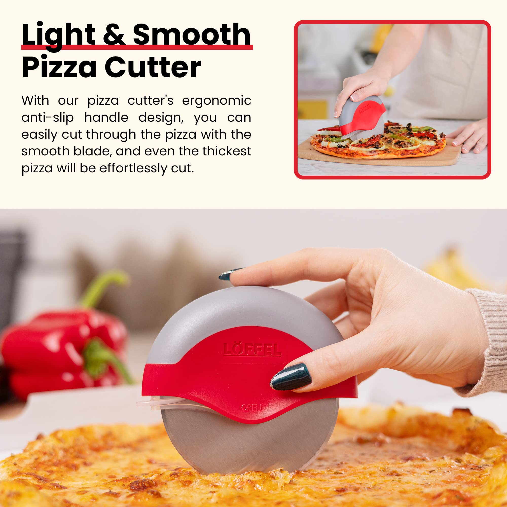 LÖFFEL Premium Pizza Cutter Wheel - Pizza Slicer with Protective Blade Guard - Razor Sharp Stainless Steel - Easy to Clean & Detachable Slicer - Round Pizza Cutter With Cover & Slip Resistant Handle