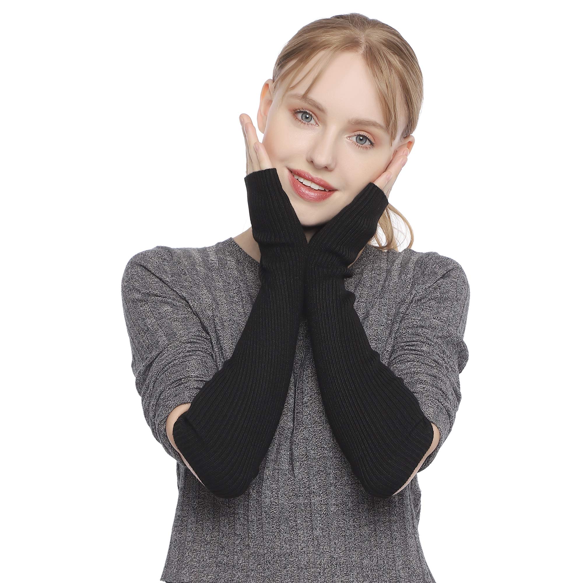 F Flammi Cashmere Blended Arm Warmer Winter Fingerless Gloves Knit Mitten Gloves Wrist Warmer with Thumb Hole for Women