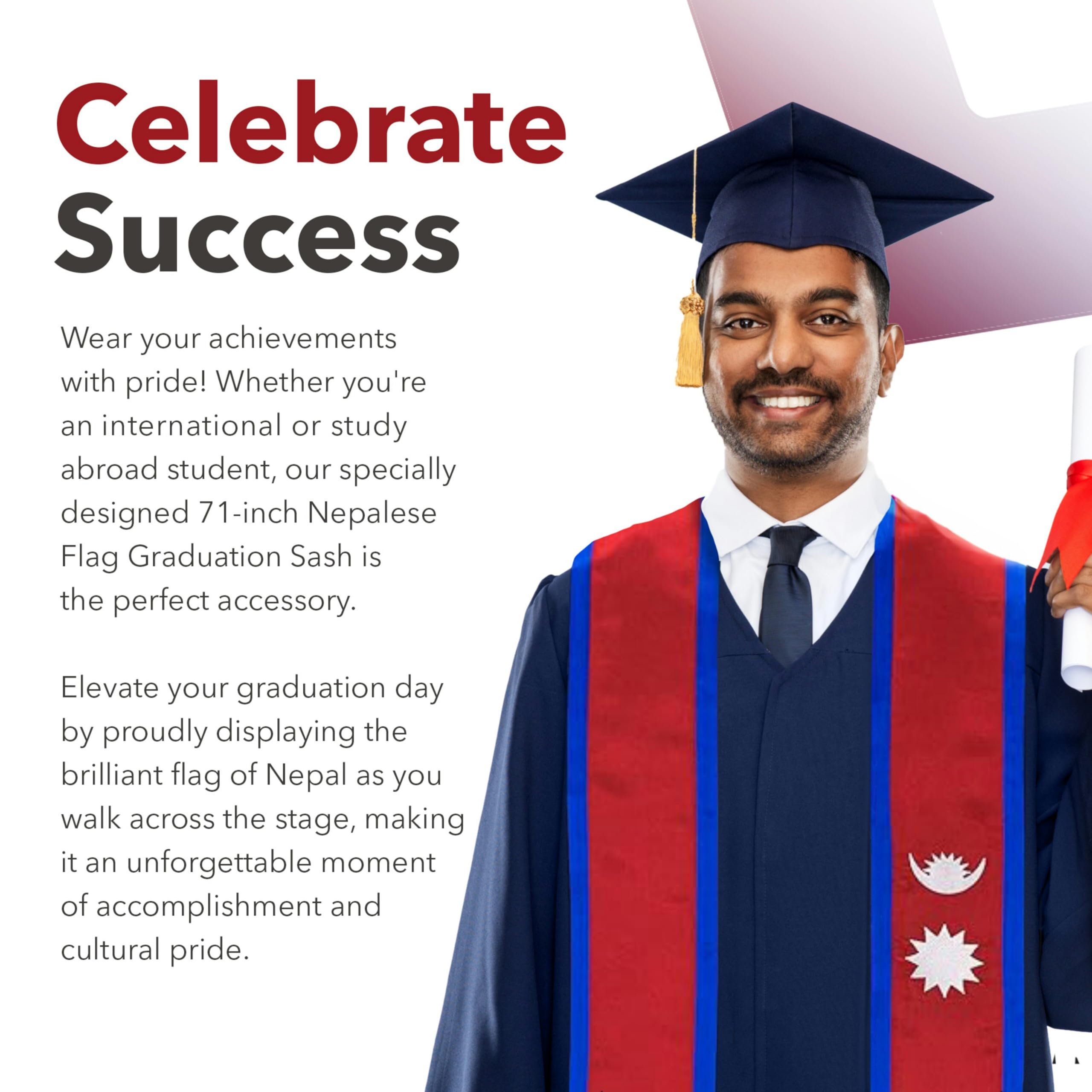 Vision Wear - Nepal Flag Graduation Sash/Stole - Majestic Cultural Emblem - Celebrate Your Heritage - Nepali Pride & Honor Sash