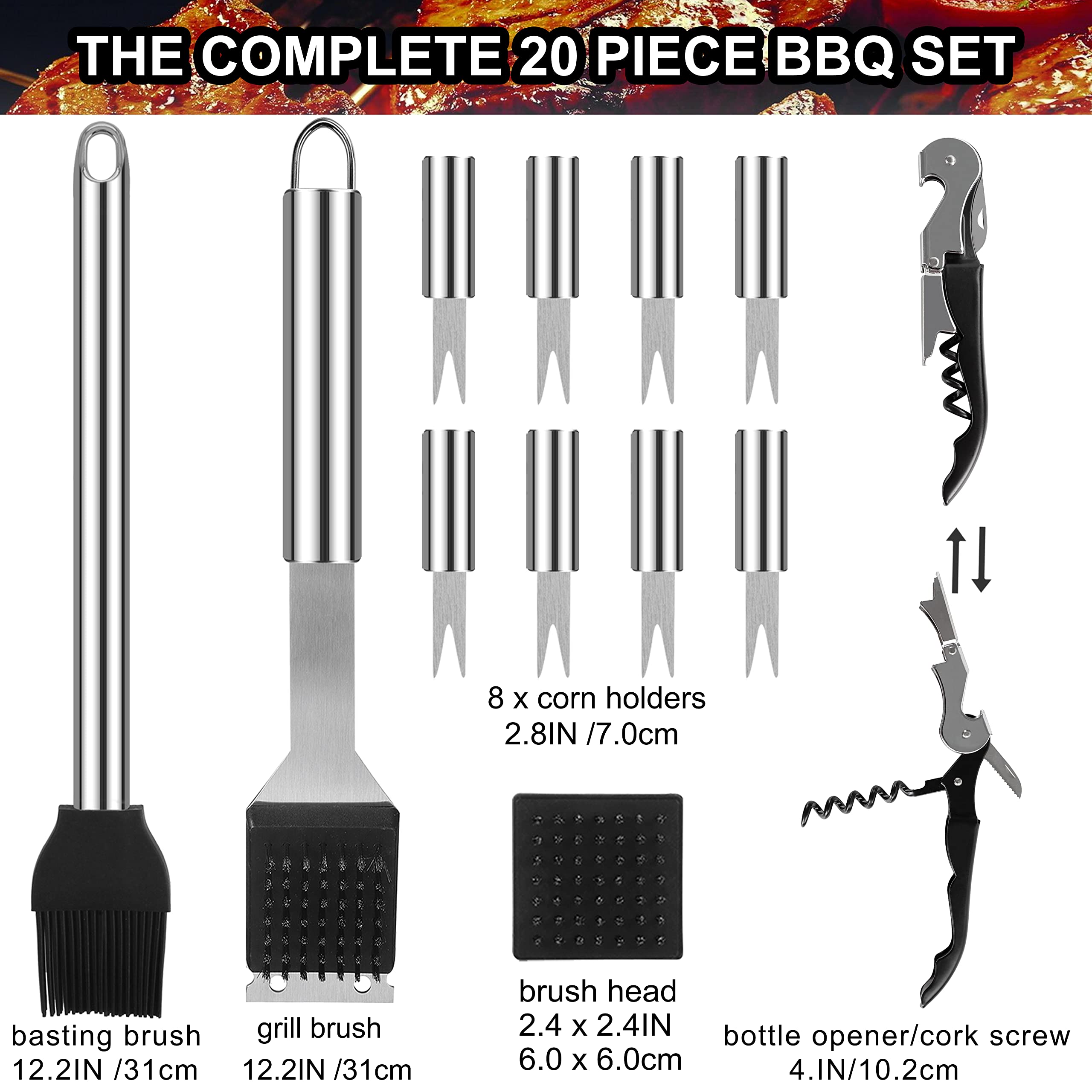 grilljoy 20PCS Heavy Duty BBQ Grill Tools Set - Extra Thick Stainless Steel Spatula, Fork& Tongs - Complete Barbecue Accessories Kit in Aluminum Storage Case - Perfect Grill Gifts for Men