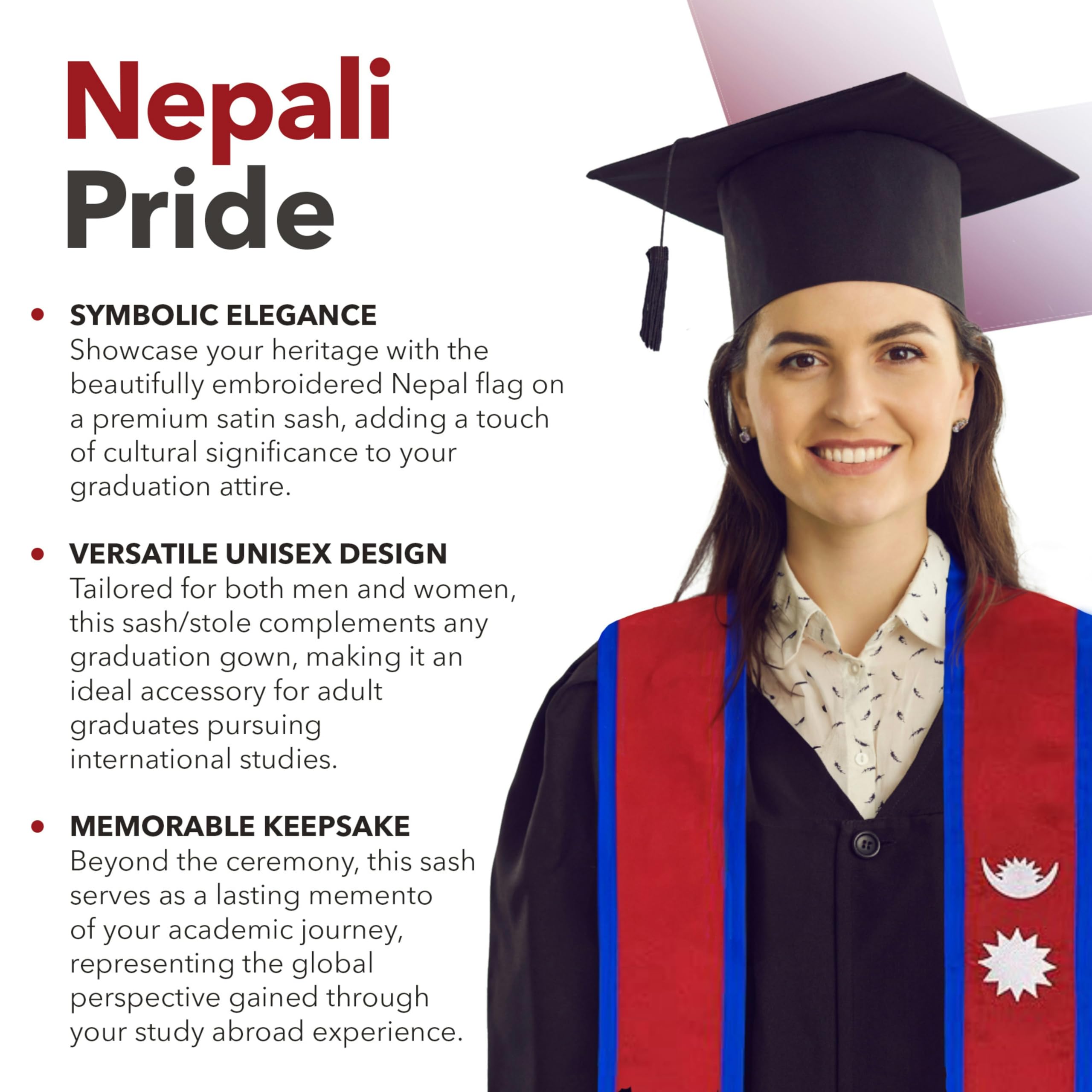 Vision Wear - Nepal Flag Graduation Sash/Stole - Majestic Cultural Emblem - Celebrate Your Heritage - Nepali Pride & Honor Sash