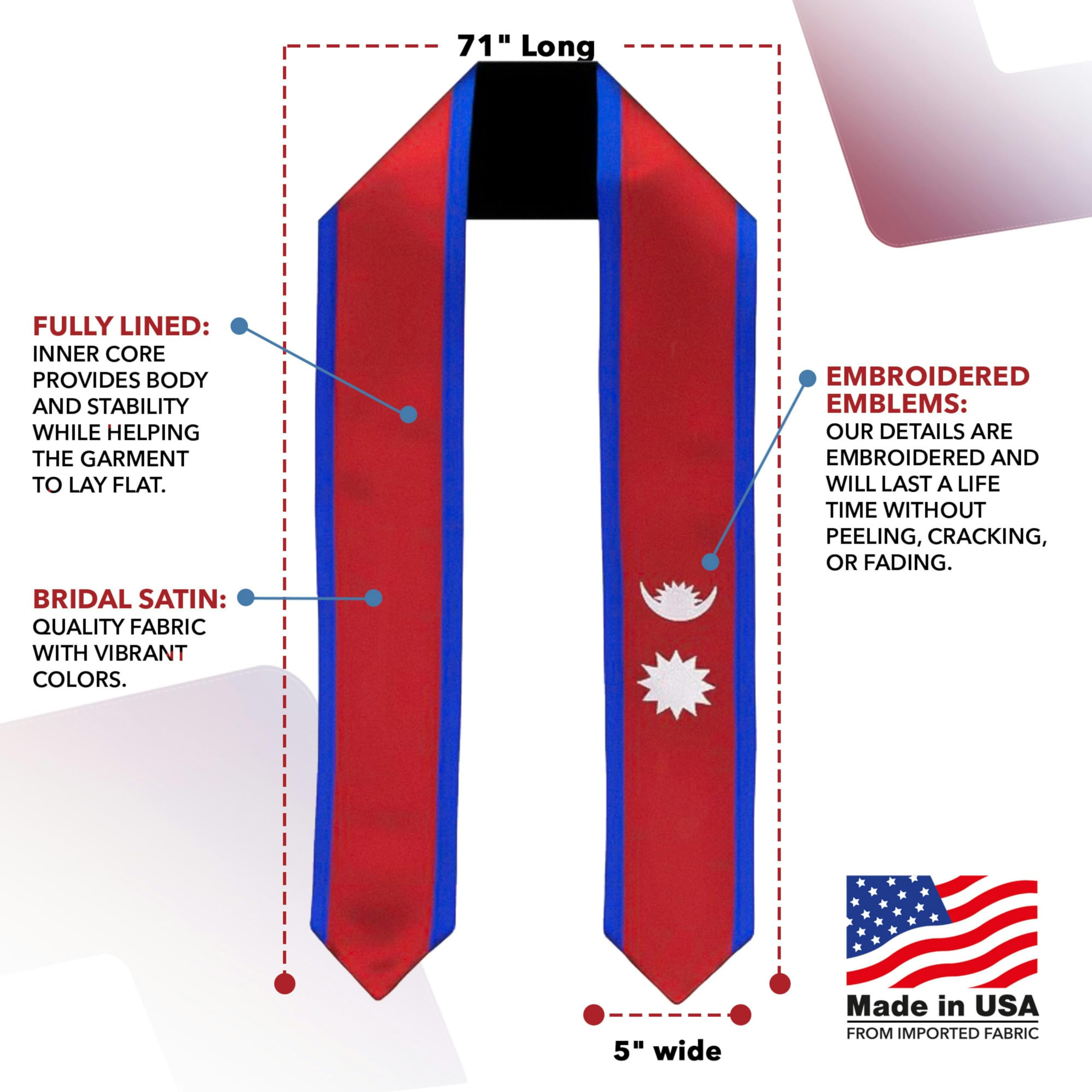 Vision Wear - Nepal Flag Graduation Sash/Stole - Majestic Cultural Emblem - Celebrate Your Heritage - Nepali Pride & Honor Sash