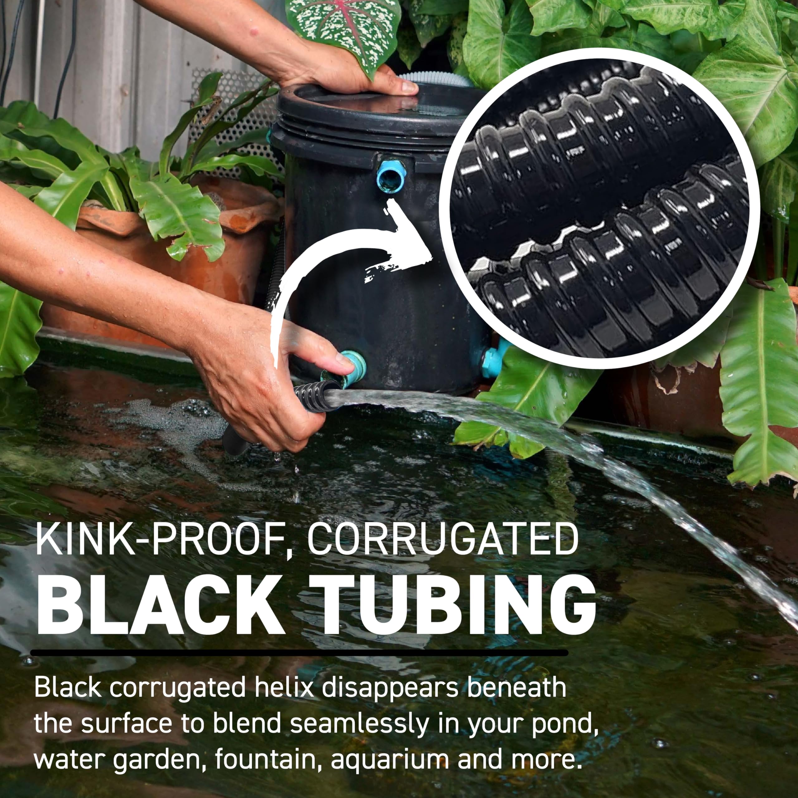 Sealproof Kinkproof 1-1/2" Dia Waterfall, Pond Tubing, 1-1/2-Inch ID, 20 FT, Black Corrugated PVC Strong Flexible Tubing, Made in USA