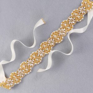 yanstar Wedding Bridal Belts In Gold Rhinestone Crystal Pearl With Ivory Sash For Wedding Dress Prom Gown-17.7In1.6