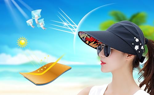 HINDAWI Sun Hats for Women Sun Hat Wide Brim UV Protection Summer Beach Foldable Visor Black