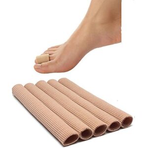 toe tubes, fabric sleeve protectors with gel lining pad to prevent corn, calluses, blisters and hammertoes, toe separators protectors for men and women (medium 3/4" diameter - 5 pack)