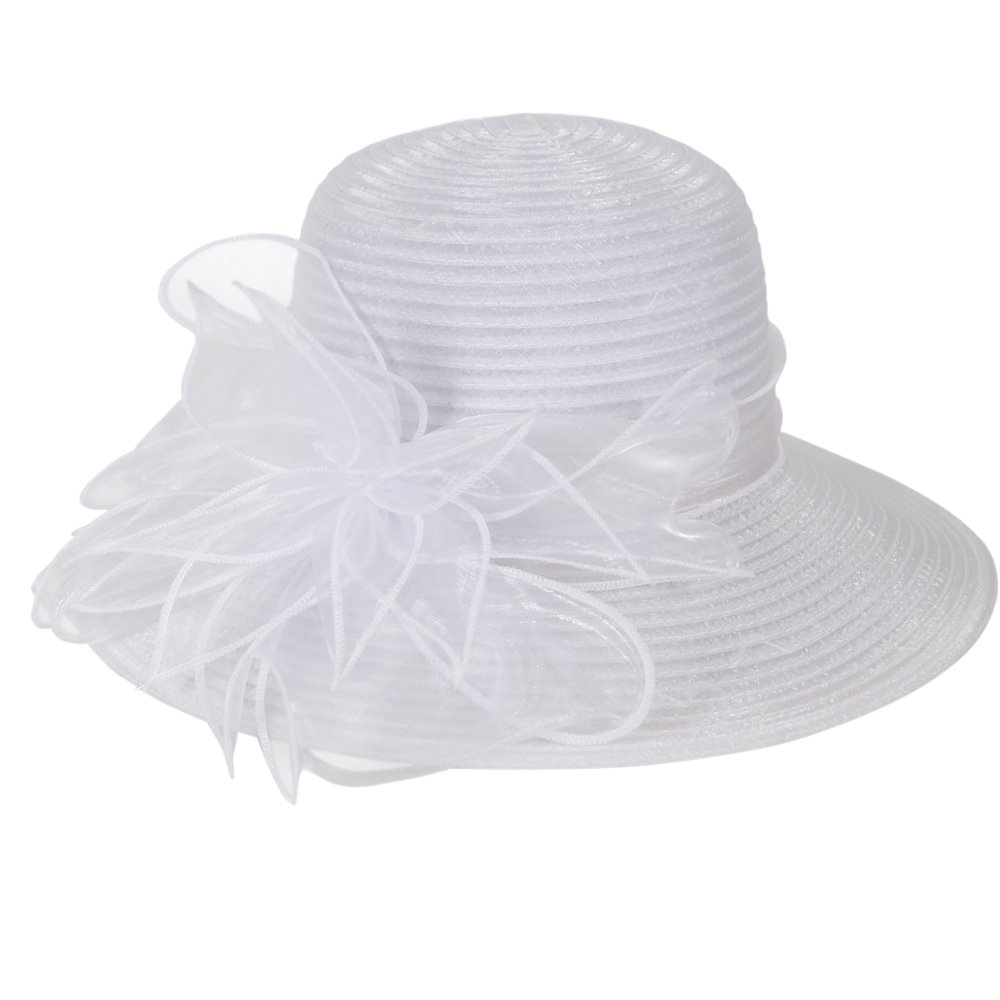 Women Derby Church Dress Hat Wide Brim Leaf Flower Bridal Shower Hat (White)