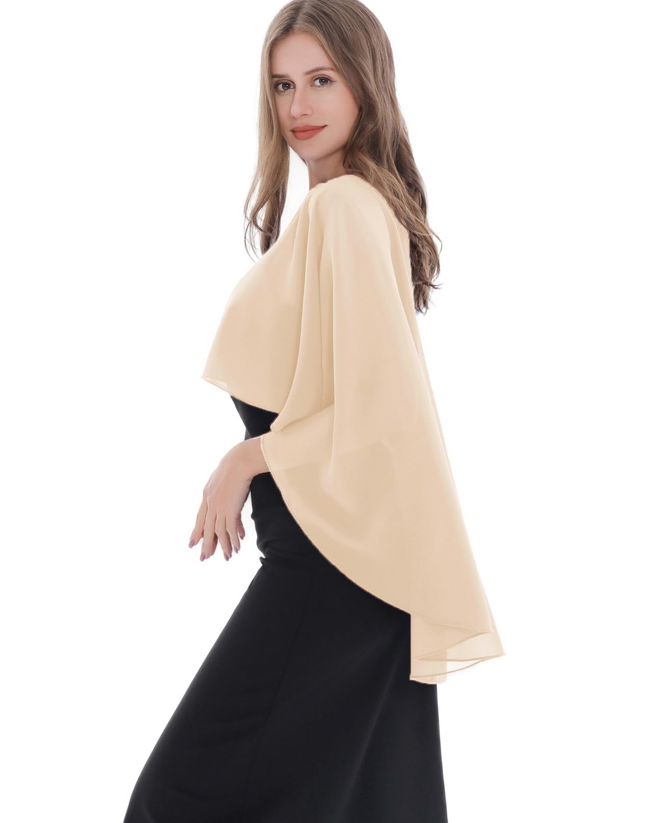 Baoqiya Women's Capelet Shawls and Wraps for Evening Dresses Soft Bridesmaid Shawl Chiffon Cape Wedding Cover Up(Champagne)