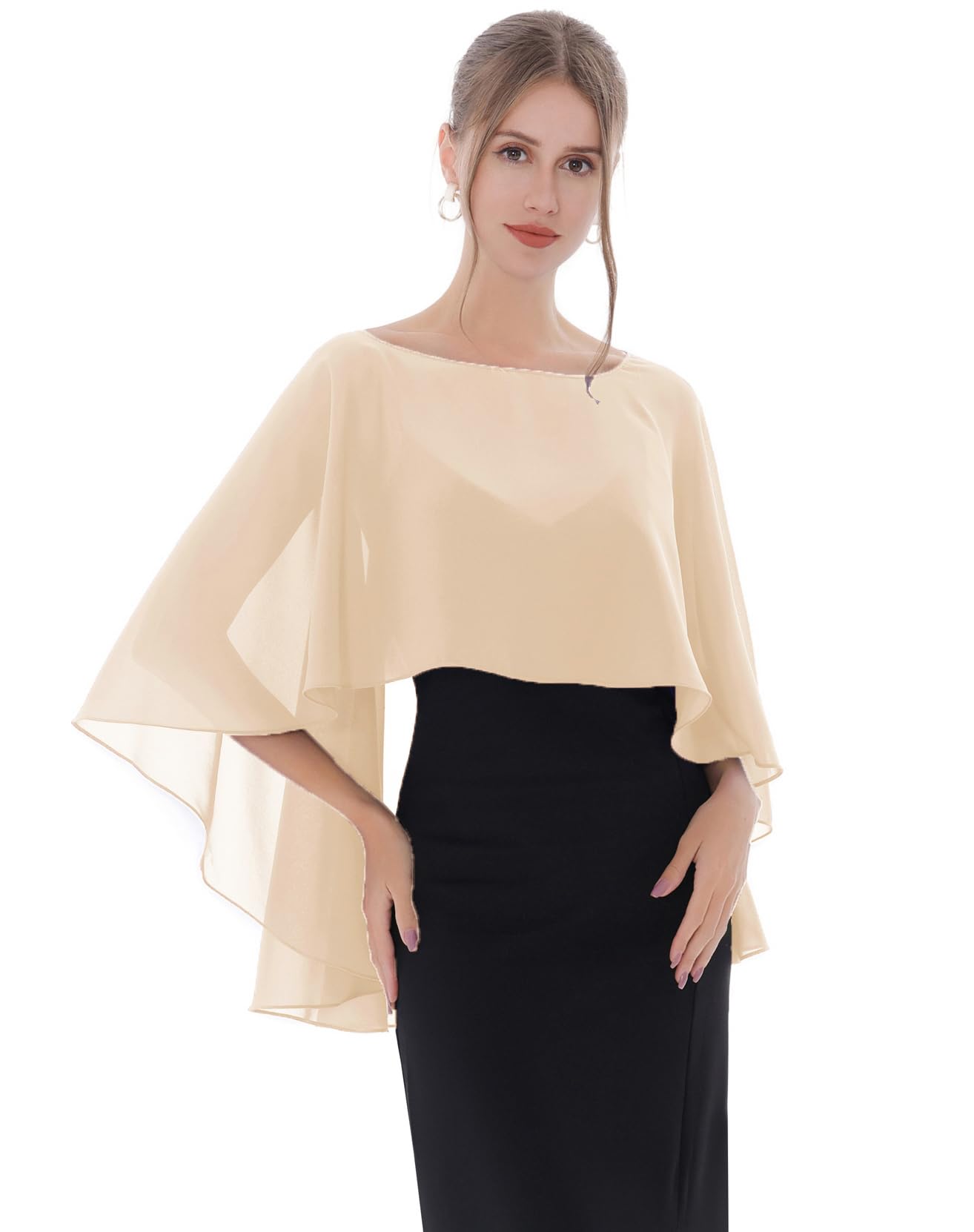 Baoqiya Women's Capelet Shawls and Wraps for Evening Dresses Soft Bridesmaid Shawl Chiffon Cape Wedding Cover Up(Champagne)