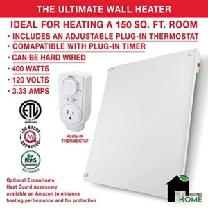 EconoHome Wall Mount Space Heater Panel - with Thermostat - 400 Watt Convection Heater - Ideal for 120 Sq Ft Room - 120V Electric Heater