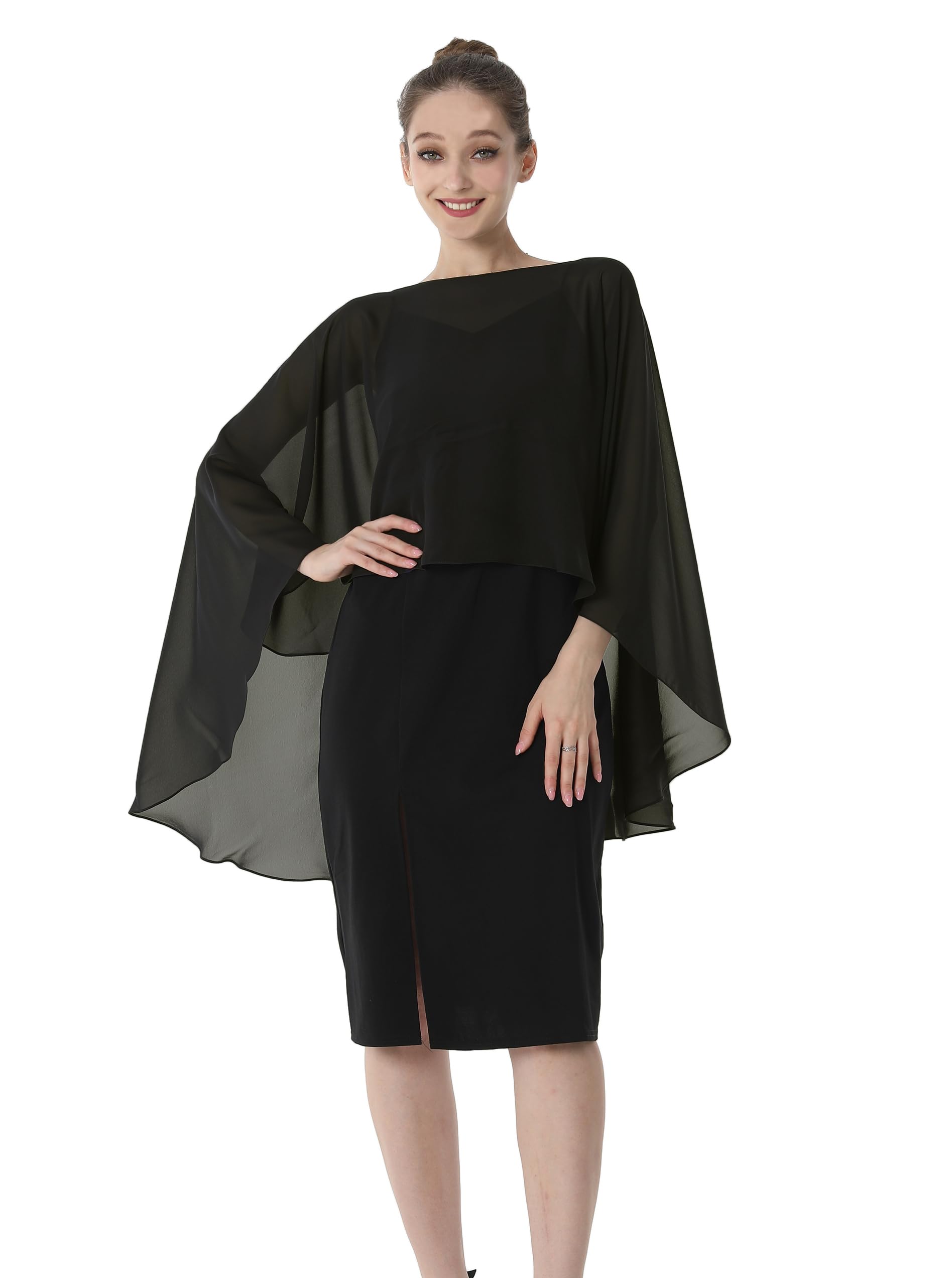 Baoqiya Chiffon Capes Sheer Capelets Bridal Shawls And Wraps Cape Long Plus Size Poncho Cape For Women (Black)