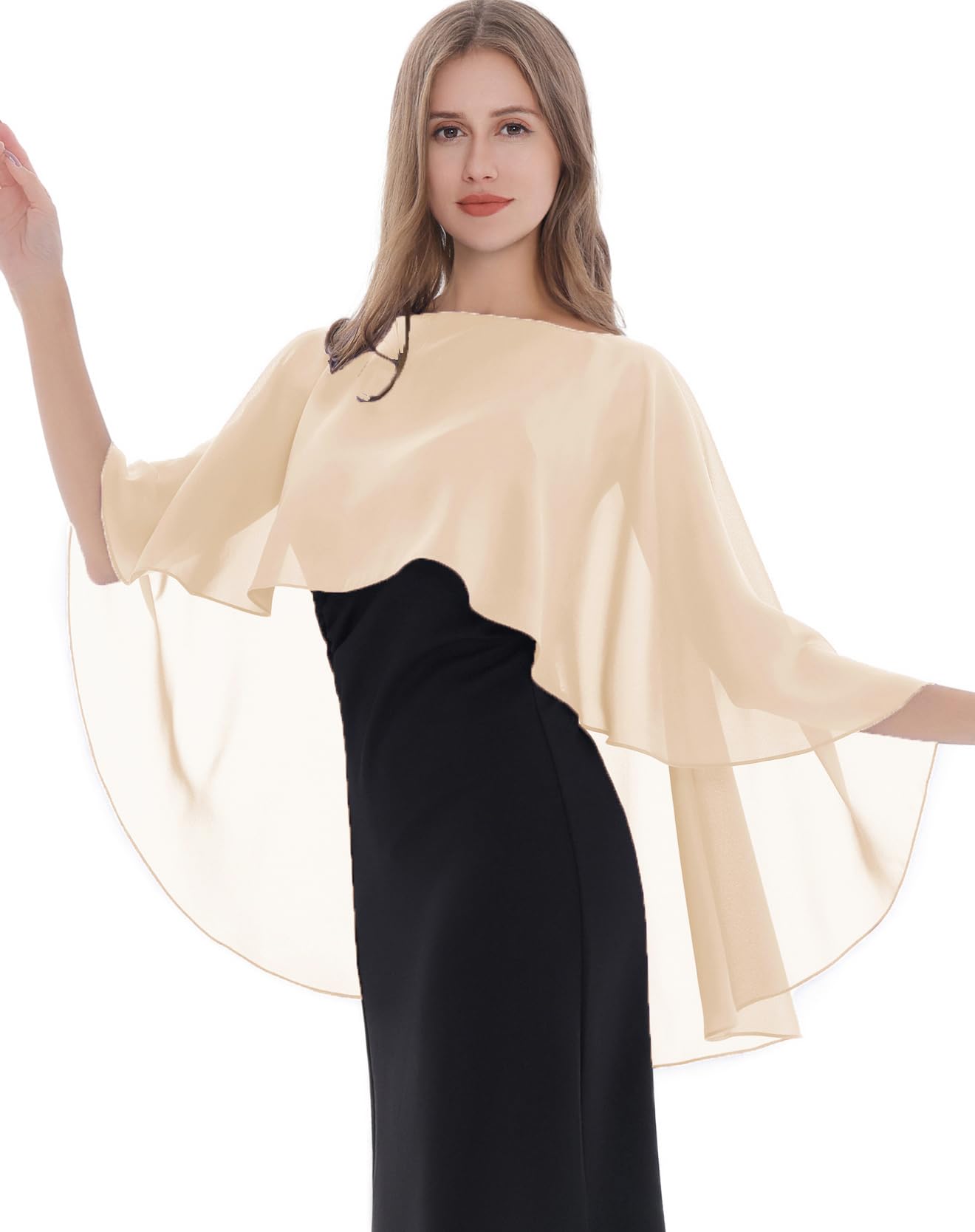 Baoqiya Women's Capelet Shawls and Wraps for Evening Dresses Soft Bridesmaid Shawl Chiffon Cape Wedding Cover Up(Champagne)