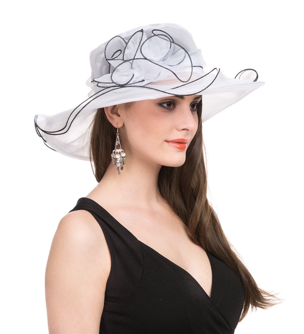 Lucky Leaf Women Church Cap Wide Brim Summer Sun Hat for Party Wedding(White with Black Edge)