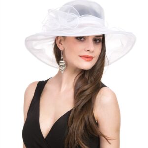 Lucky Leaf Women Church Cap Wide Brim Summer Sun Hat for Party Wedding(White)