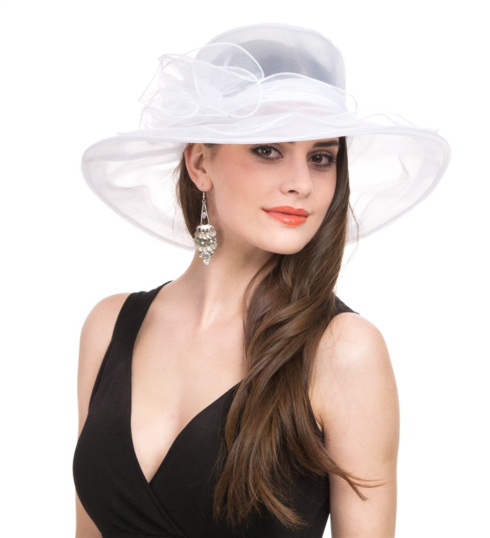 Lucky Leaf Women Church Cap Wide Brim Summer Sun Hat for Party Wedding(White)