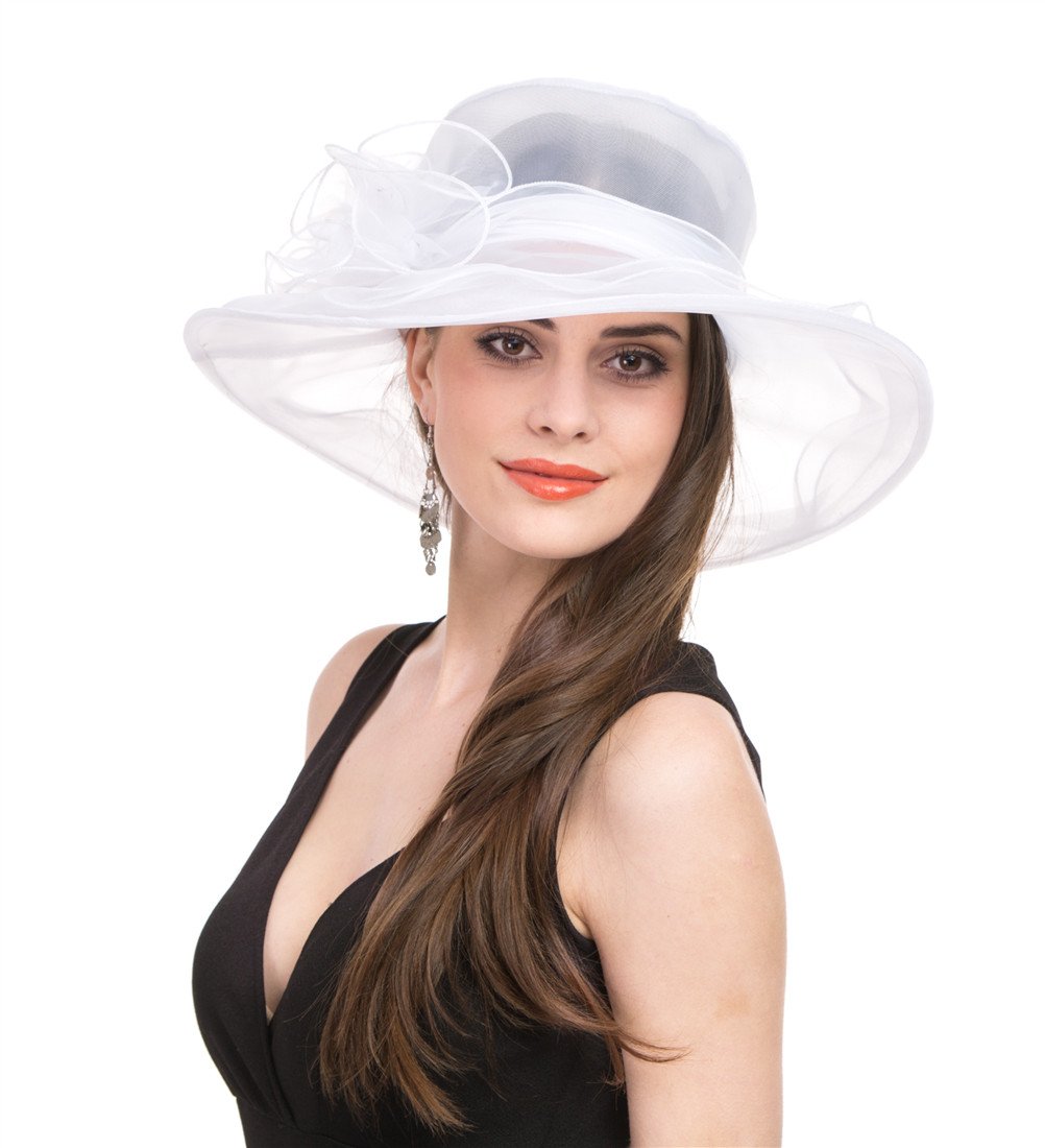 Lucky Leaf Women Church Cap Wide Brim Summer Sun Hat for Party Wedding(White)