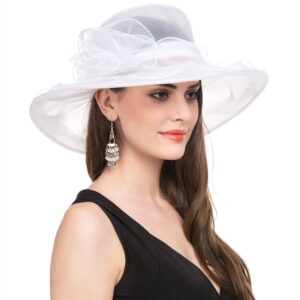 Lucky Leaf Women Church Cap Wide Brim Summer Sun Hat for Party Wedding(White)