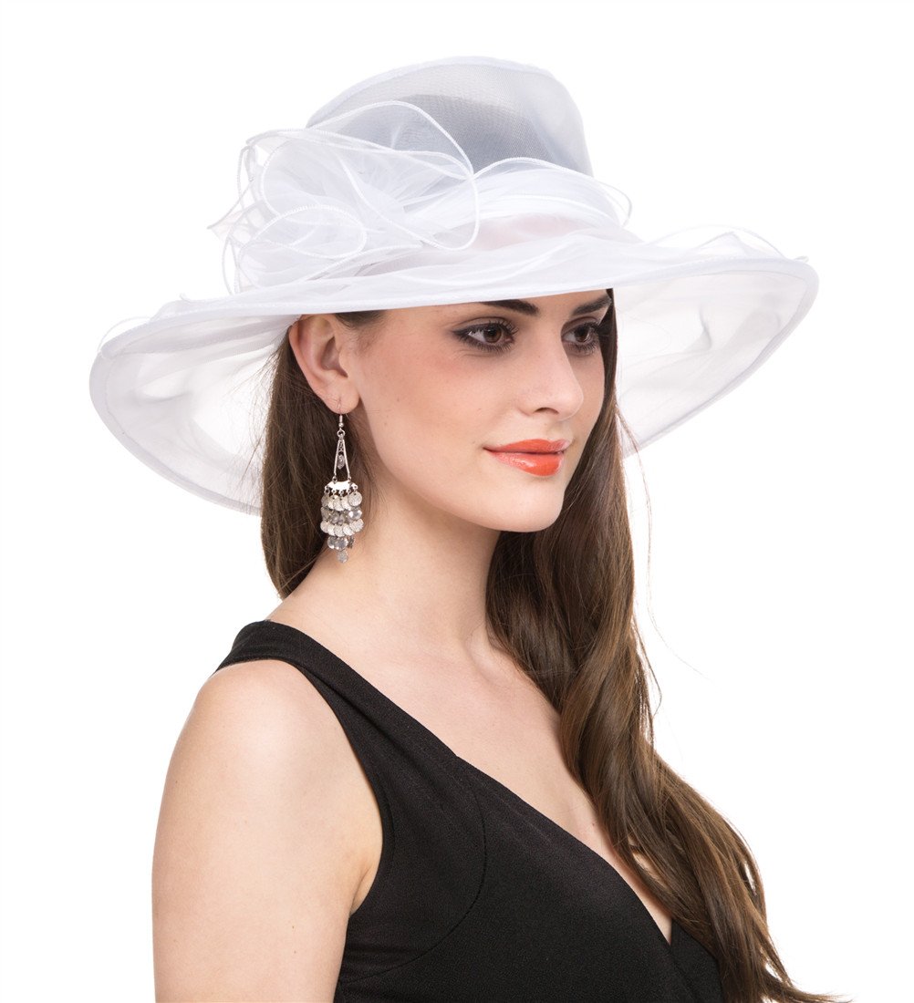 Lucky Leaf Women Church Cap Wide Brim Summer Sun Hat for Party Wedding(White)