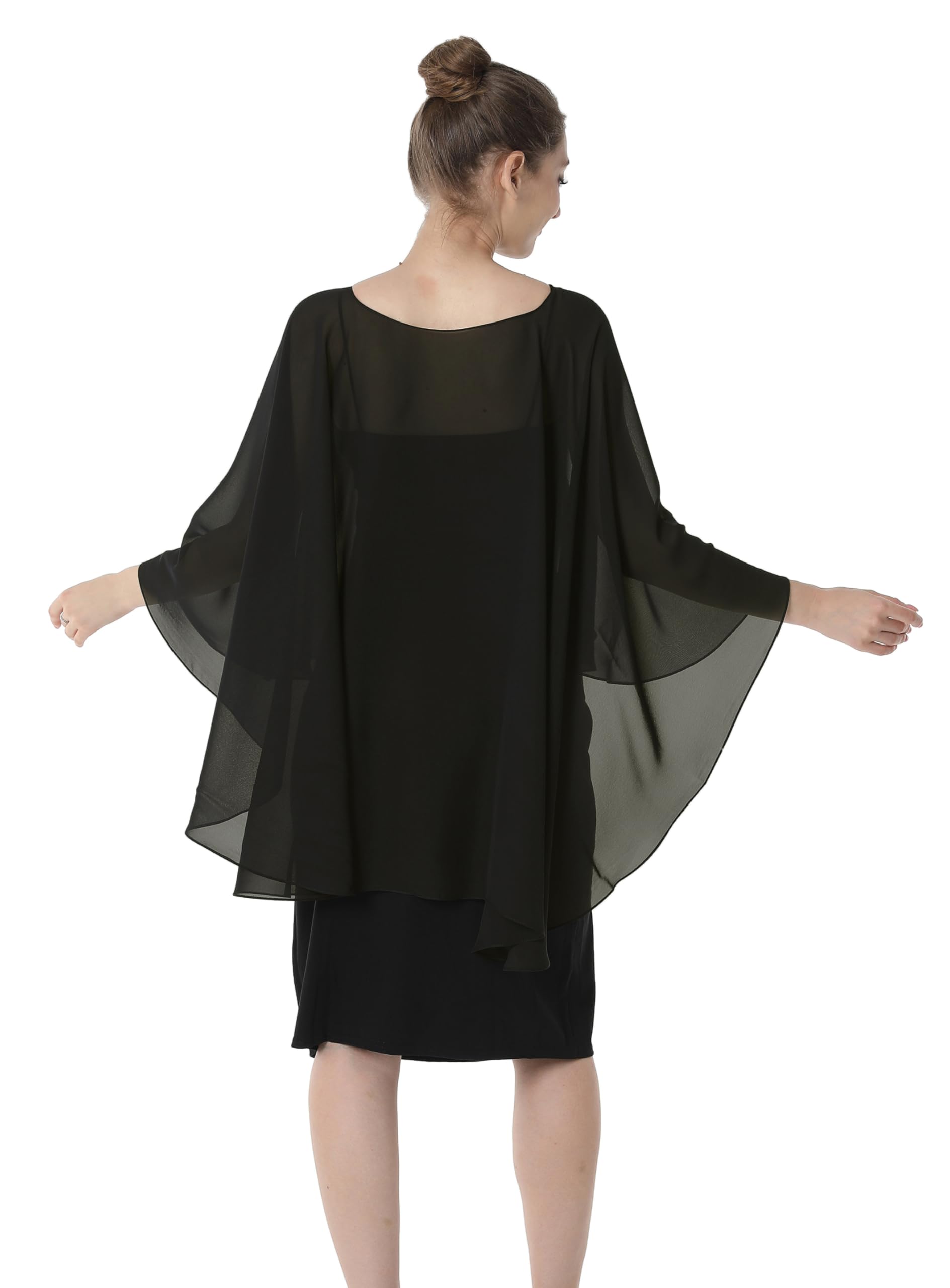 Baoqiya Chiffon Capes Sheer Capelets Bridal Shawls And Wraps Cape Long Plus Size Poncho Cape For Women (Black)