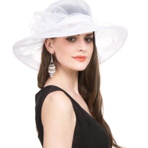 Lucky Leaf Women Church Cap Wide Brim Summer Sun Hat for Party Wedding(White)