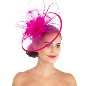 Lucky Leaf Women Girl Fascinators with Hair Clip Hairpin Hat Bowknot Feather Flower Veil Cocktail Wedding Tea Party Hat (8-Fuschia)