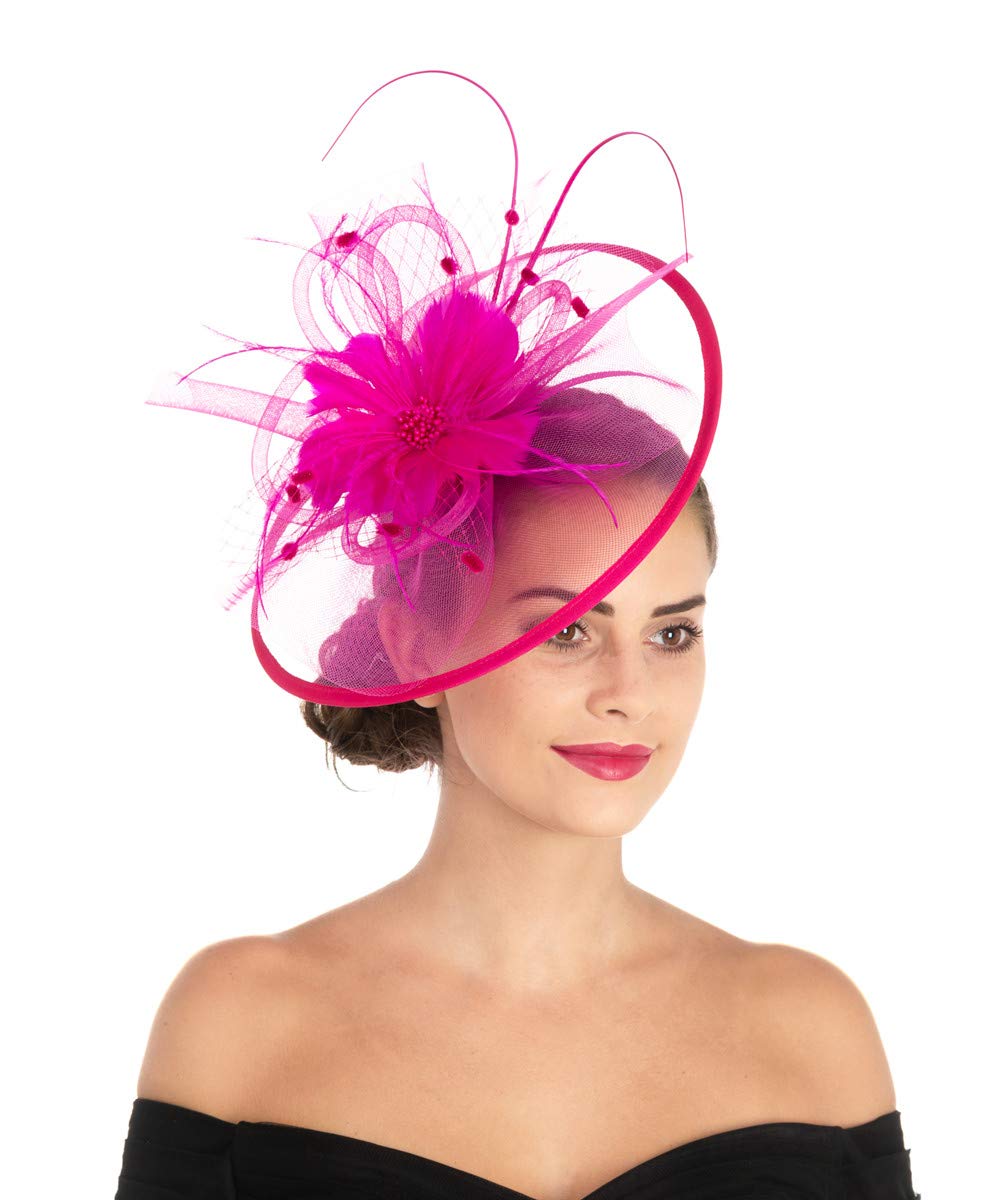 Lucky Leaf Women Girl Fascinators with Hair Clip Hairpin Hat Bowknot Feather Flower Veil Cocktail Wedding Tea Party Hat (8-Fuschia)