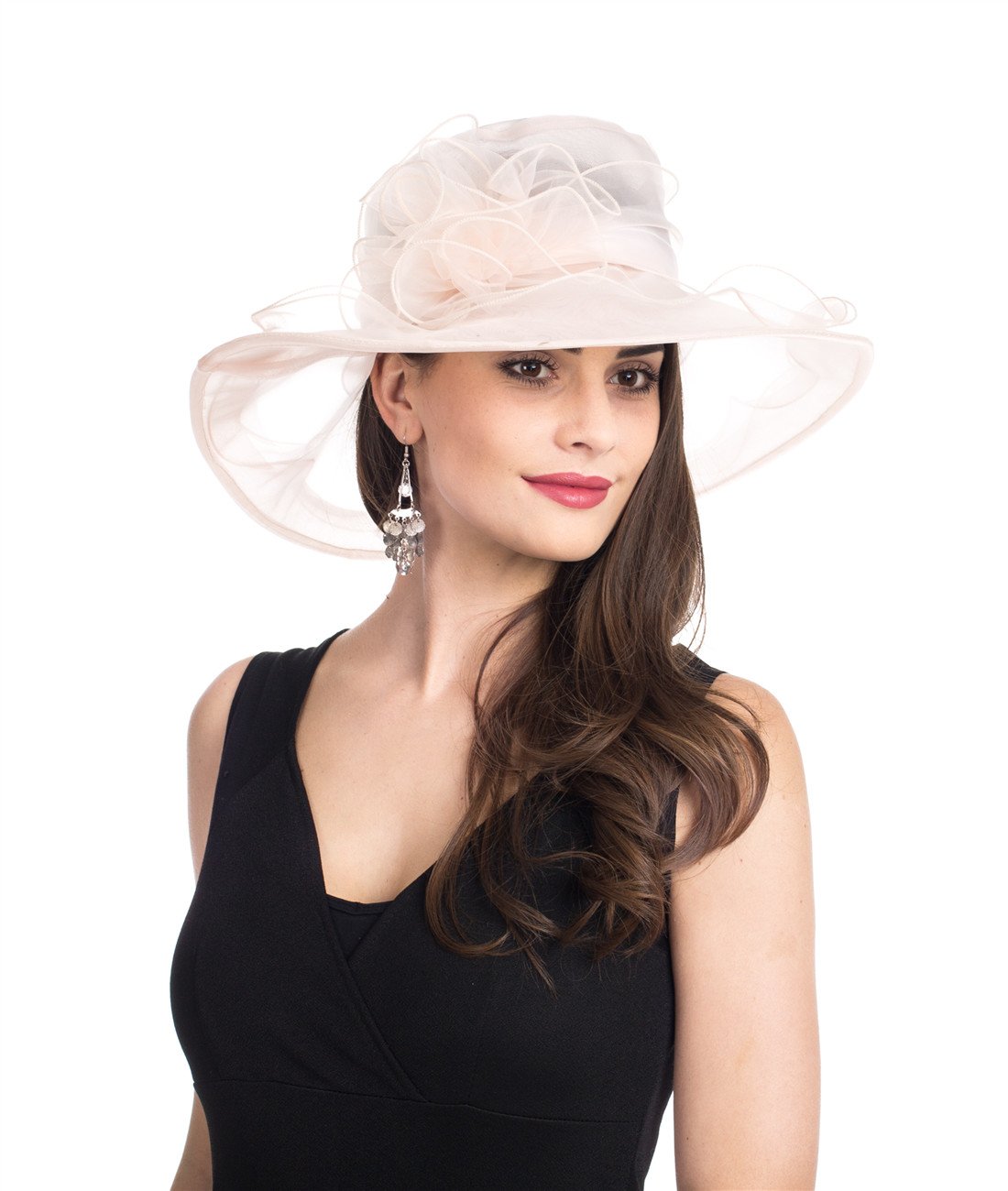 Lucky Leaf Women Church Cap Wide Brim Summer Sun Hat for Party Wedding(Beige)