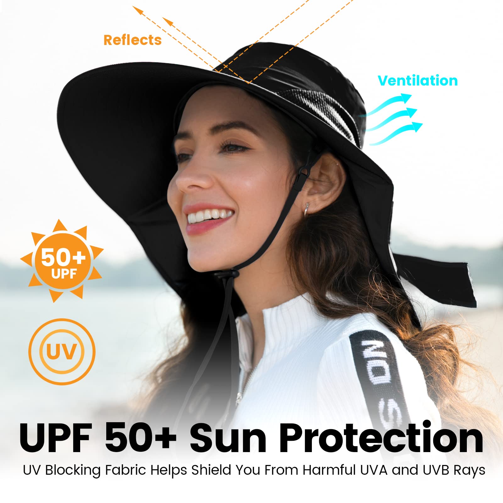 Womens Foldable Flap Cover UPF 52+ UV Protective Wide Brim Bucket Sun Hat Black